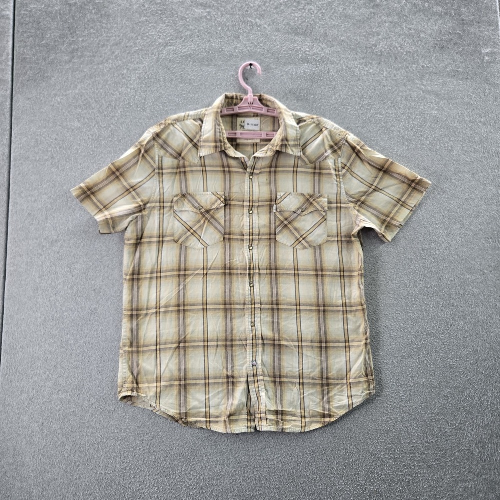Levi's Men Button Up Shirt LARGE Beige Plaid Western Short Sleeve
